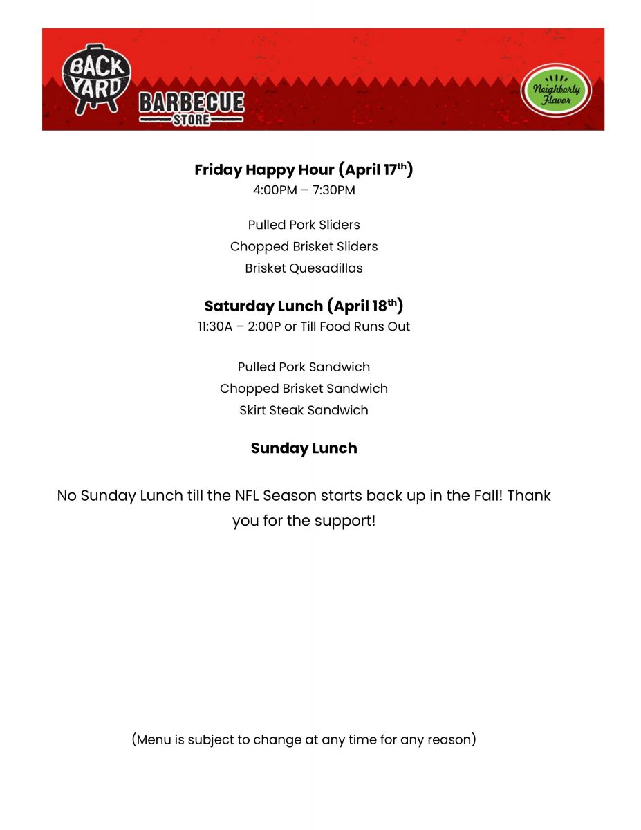 Click here to open the Backyard BBQ Weekly Food Menu!